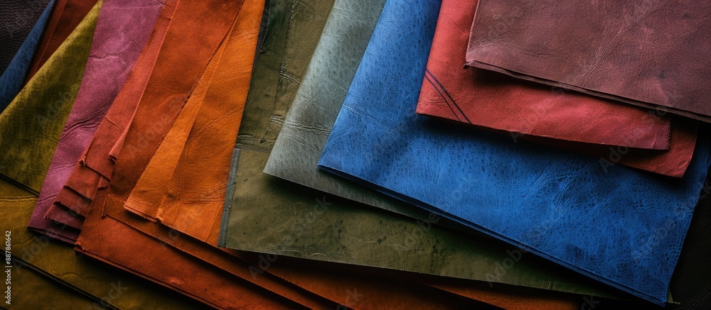 Poster close up multicolored sheets of paper against a dark leather backdrop providing ample copy space ima