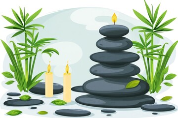 Obraz premium Minimalist zen scene with stacked stones, bamboo, and candles, evoking a sense of tranquility, balance, and natural beauty in a harmonious setting.
