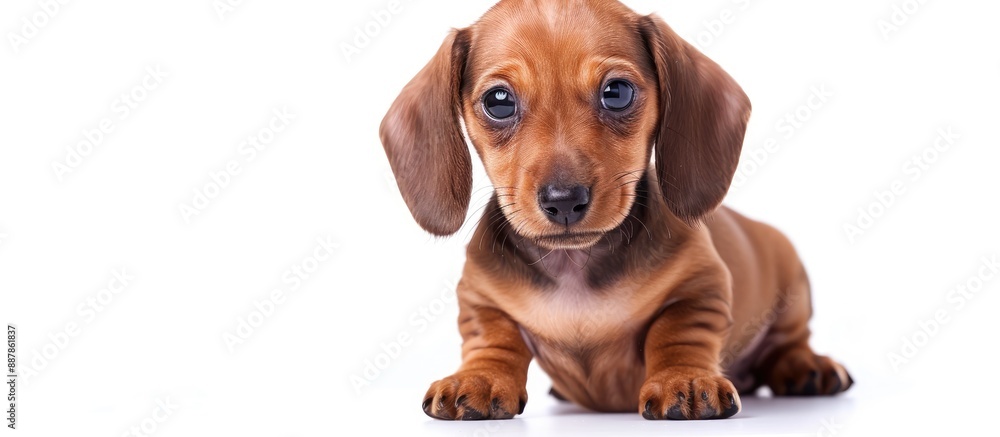 Poster dachshund puppy posing with copy space image on white background