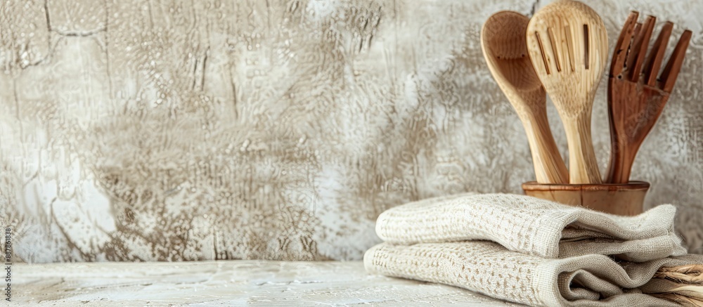 Aufkleber copy space image with a kitchen towel and utensils on a textured background along with cotton towels
