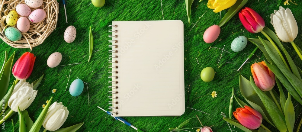 Poster Easter festival theme featuring a blank notebook surrounded by candy tulips and a fresh green grass background in a copy space image