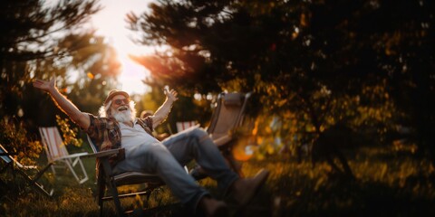 Carefree senior man is stretching in a garden, surrounded by nature and enjoying his retirement