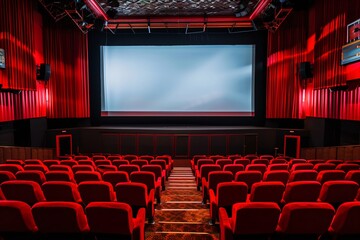 Wide shot of an empty movie theater with red seats and a blank screen showing nothing