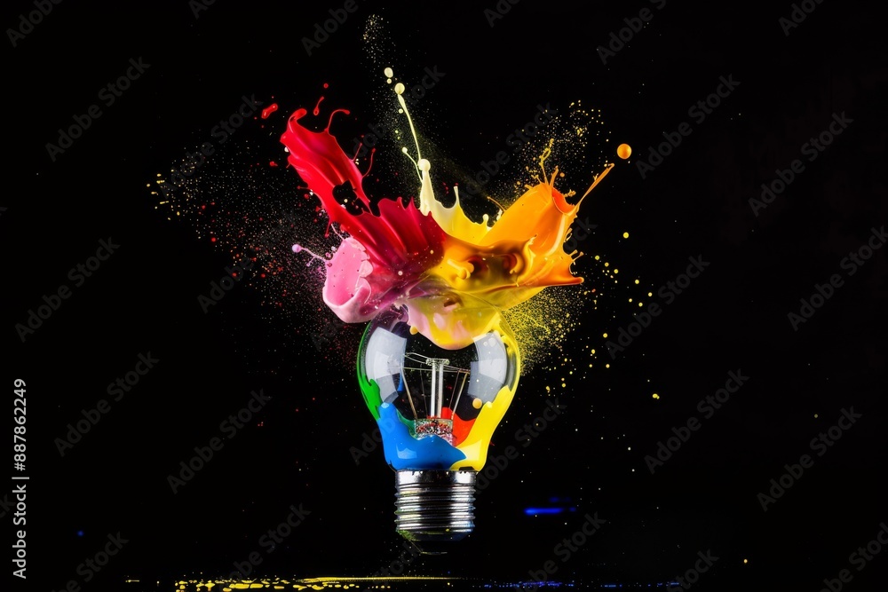 Aufkleber light bulb exploding with colorful paint splashes on a black background. creative idea and innovatio