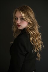 Create a photorealistic image in a professional photography studio, with a clean black background, showing a young woman with her back to the camera, 