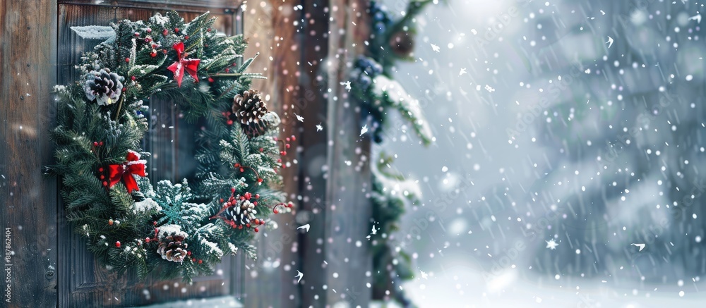 Poster a christmas wreath on a treehouse door with snowy scenery around and a backdrop of falling snow idea