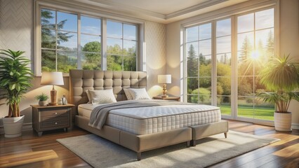 Fototapeta premium Serene bedroom setting with plush mattress and comfortable bed positioned near a sunny window, creating a relaxing atmosphere for a rejuvenating sleep.