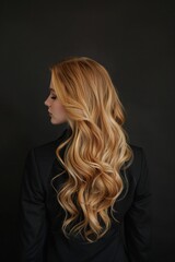 Naklejka premium Create a photorealistic image in a professional photography studio, with a clean black background, showing a young woman with her back to the camera,