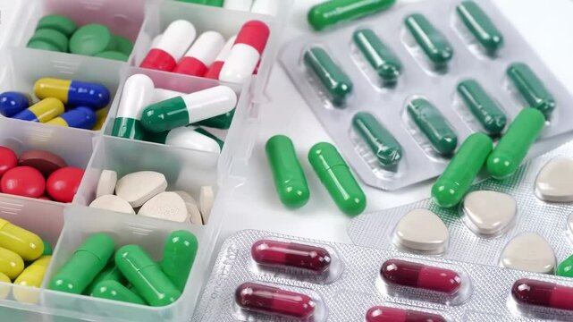 Antibiotic drug resistance, many colorful, red, yellow pills and capsules, packaging with medicines