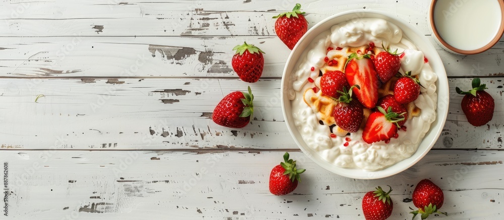 Poster top view of a set breakfast with fresh strawberries on a white wooden backdrop including tasty rice 