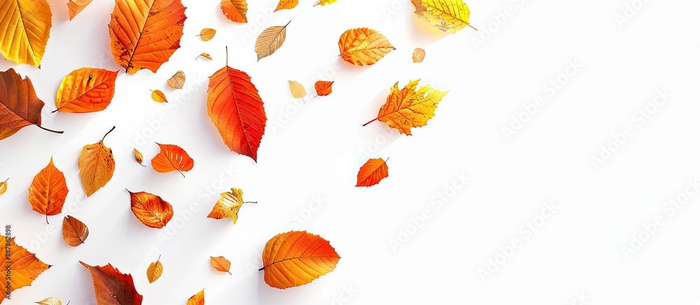 Fototapete multicolored autumn leaves isolated on a white background with a falling orange leaf top view with c
