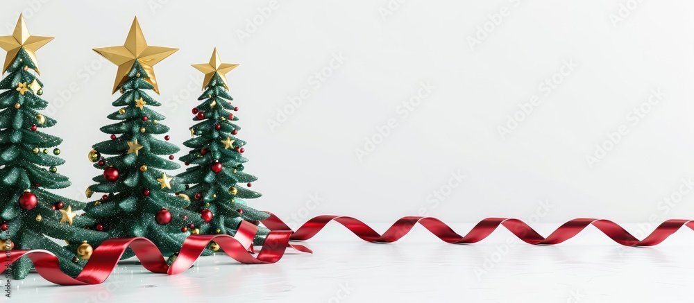 Poster green and red ribbon christmas trees with a gold star set against a white backdrop for copy space im