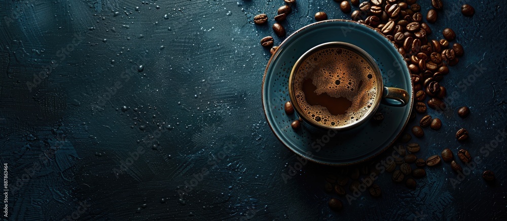 Poster dark vintage background with a coffee cup and roasted beans creating an appealing copy space image