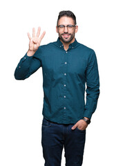 Naklejka premium Young handsome business man wearing glasses over isolated background showing and pointing up with fingers number four while smiling confident and happy.