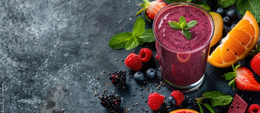 Poster a glass of tasty acai smoothie displayed on a table with ample copy space image