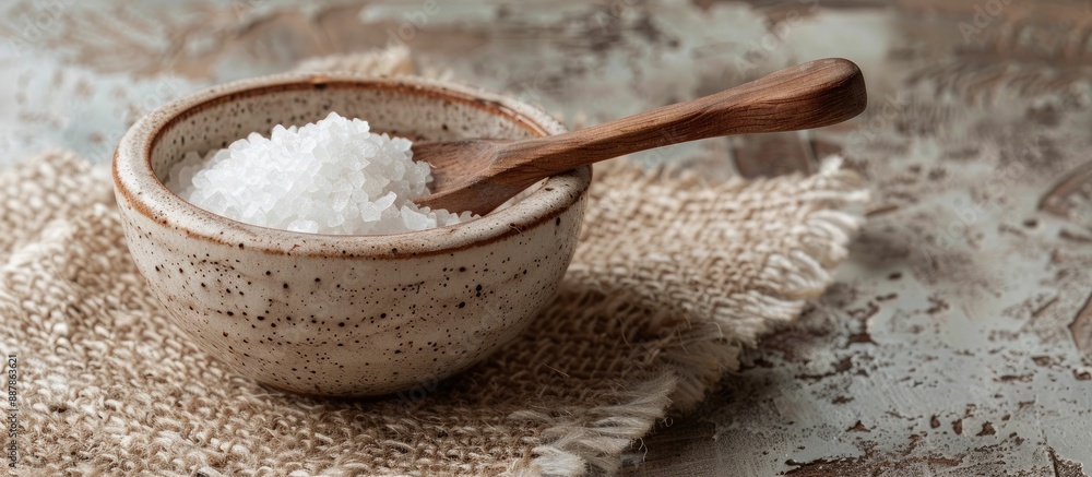 Aufkleber a tiny ceramic bowl with salt and an olive wood spoon perfect for a rustic kitchen feel isolated in 
