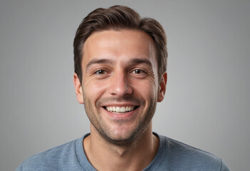 Fototapeta premium Portrait view of a regular happy smiling Switzerland man, ultra realistic, candid, social media, avatar image, plain solid background
