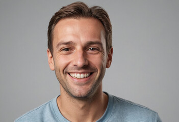 Fototapeta premium Portrait view of a regular happy smiling Switzerland man, ultra realistic, candid, social media, avatar image, plain solid background
