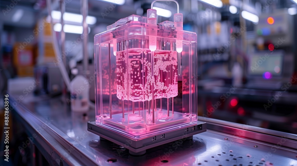 Poster a close-up view of a clear, cubic container filled with a pink liquid, potentially showcasing a virt
