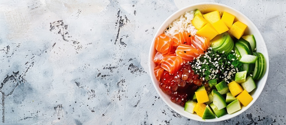 Poster top view of ingredients for poke bowl including rice salmon assorted vegetables fruits like avocado 