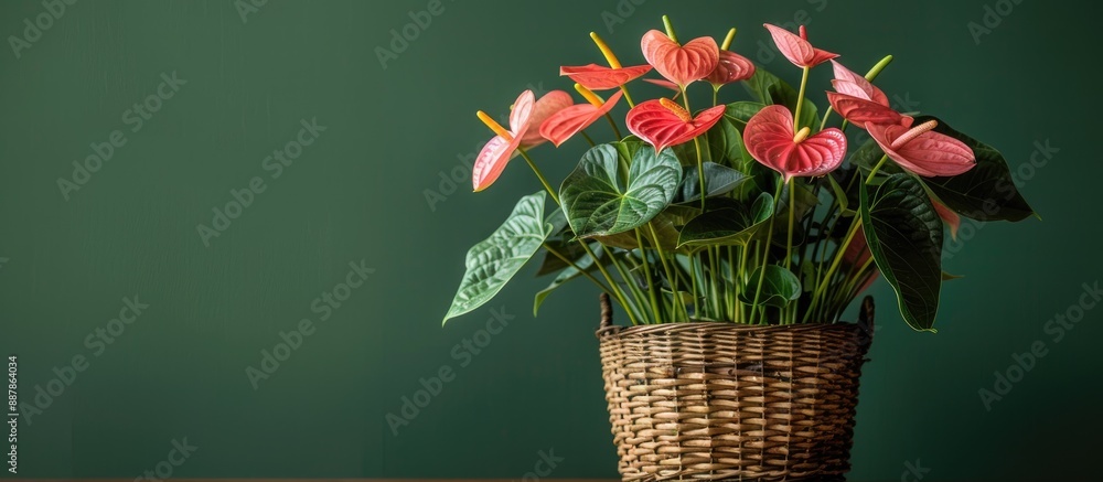 Leinwandbilder anthurium flower in wicker pot on table with green background suitable for copy space image