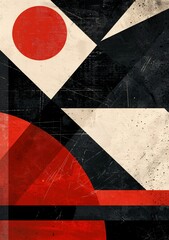 Red circle, geometric shapes, and a grunge texture on an abstract background