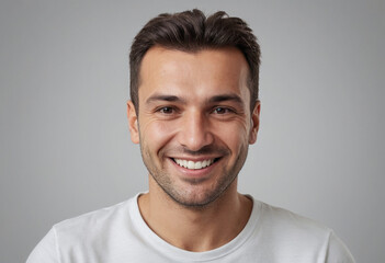 Fototapeta premium Portrait view of a regular happy smiling Albania man, ultra realistic, candid, social media, avatar image, plain solid background
