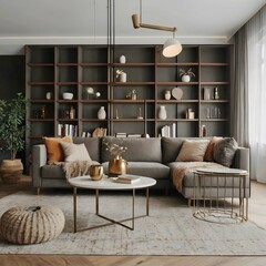 Modern interior of living room with sofa and coffee table with blooming branches