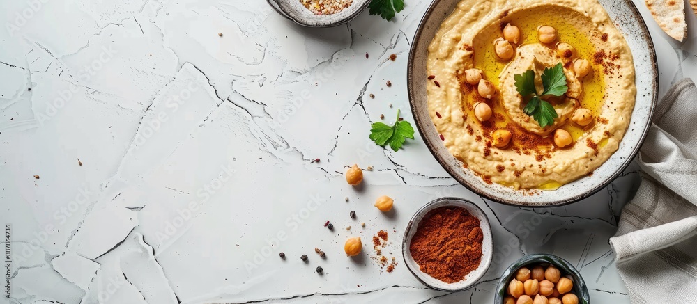Fototapete white tiled table with delicious hummus and chickpeas in a flat lay composition leaving room for tex