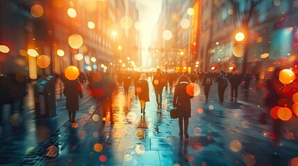 Blurry cityscape with bokeh lights and silhouettes of people walking on a wet street at dusk