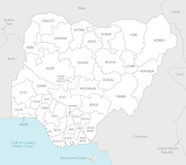 Obraz premium Vector regional map of Nigeria with states and administrative divisions, and neighbouring countries and territories. Editable and clearly labeled layers.