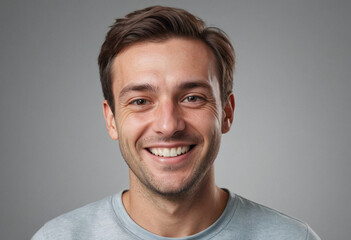 Fototapeta premium Portrait view of a regular happy smiling Belgium man, ultra realistic, candid, social media, avatar image, plain solid background