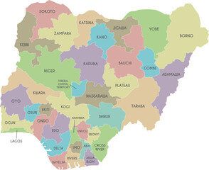 Obraz premium Vector regional map of Nigeria with states and administrative divisions. Editable and clearly labeled layers.