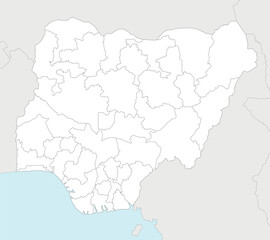 Vector regional blank map of Nigeria with states and administrative divisions, and neighbouring countries and territories. Editable and clearly labeled layers.