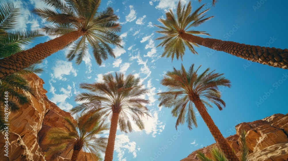 Poster a beautiful view of palm trees with a clear blue sky