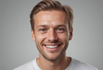 Fototapeta premium Portrait view of a regular happy smiling Denmark man, ultra realistic, candid, social media, avatar image, plain solid background
