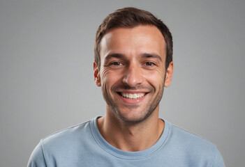Obraz premium Portrait view of a regular happy smiling France man, ultra realistic, candid, social media, avatar image, plain solid background