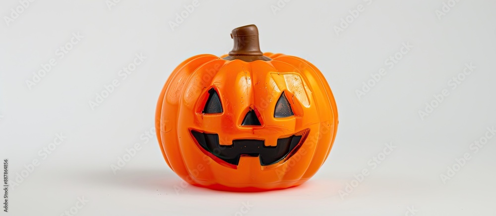 Poster celebrate halloween with an orange plastic pumpkin doll on a white background featuring a festive im