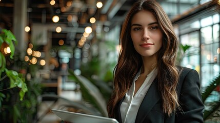 Confident businesswoman in a modern office setting, holding a tablet and smiling, with blurred background lights and plants