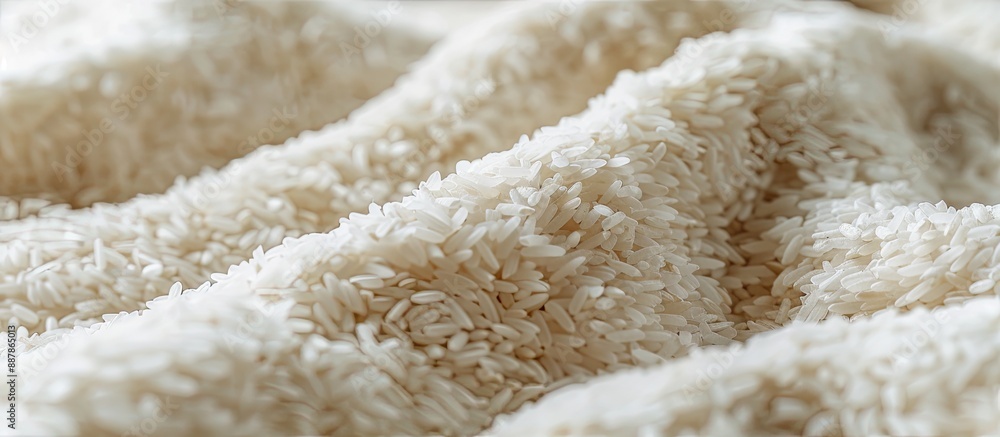 Poster close up of a mound of organic white long rice creating a natural food background with a detailed te