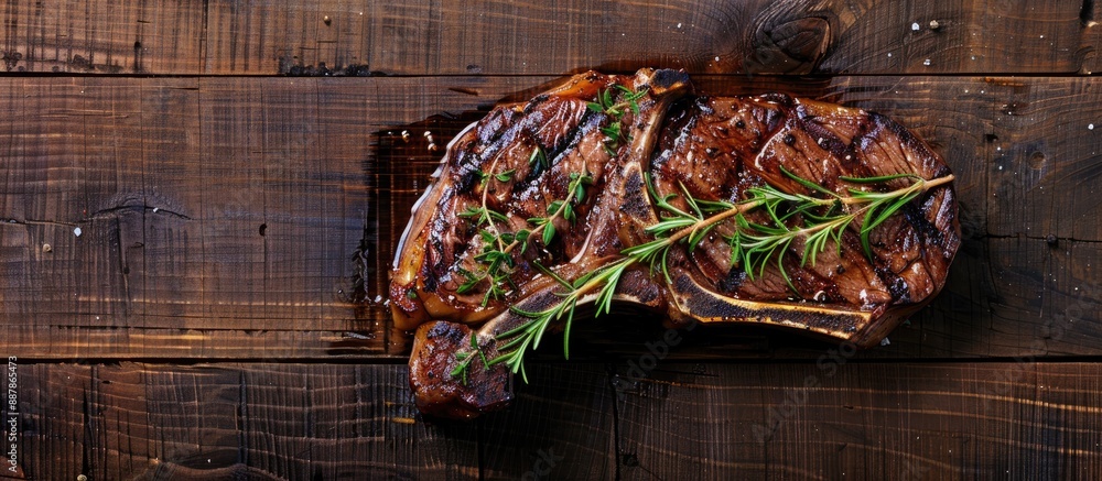 Aufkleber copy space image of a t bone steak grilled to perfection adorned with herbs placed on a wooden backg