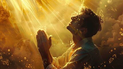 A man praying with intense emotion, bathed in golden light and surrounded by ethereal particles, creating a heavenly and divine atmosphere