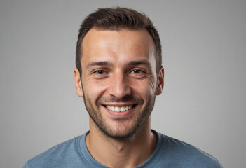 Fototapeta premium Portrait view of a regular happy smiling Kosovo man, ultra realistic, candid, social media, avatar image, plain solid background