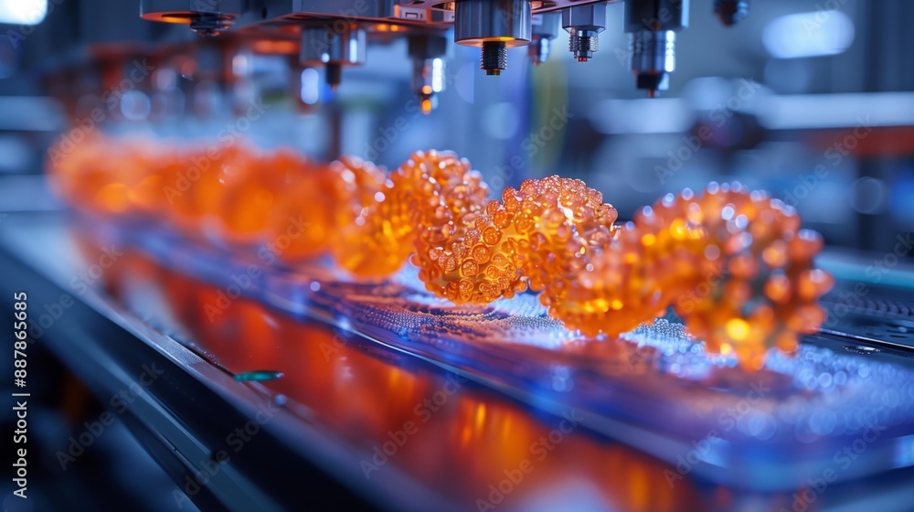 Poster a close-up image of a virtual simulation of the d bioprinting process, showcasing the intricate deta