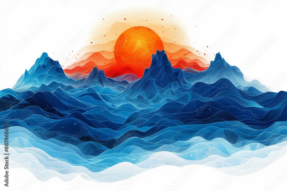 Poster abstract mountain landscape with a fiery orange sun, creating a dynamic and vibrant visual effect wi