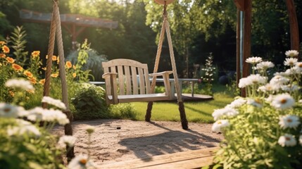 Obraz premium Wooden Swing in a Summer Garden
