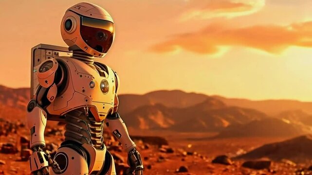 Droid sent by human examines red desert, artificial intelligence explores planet's landscape.