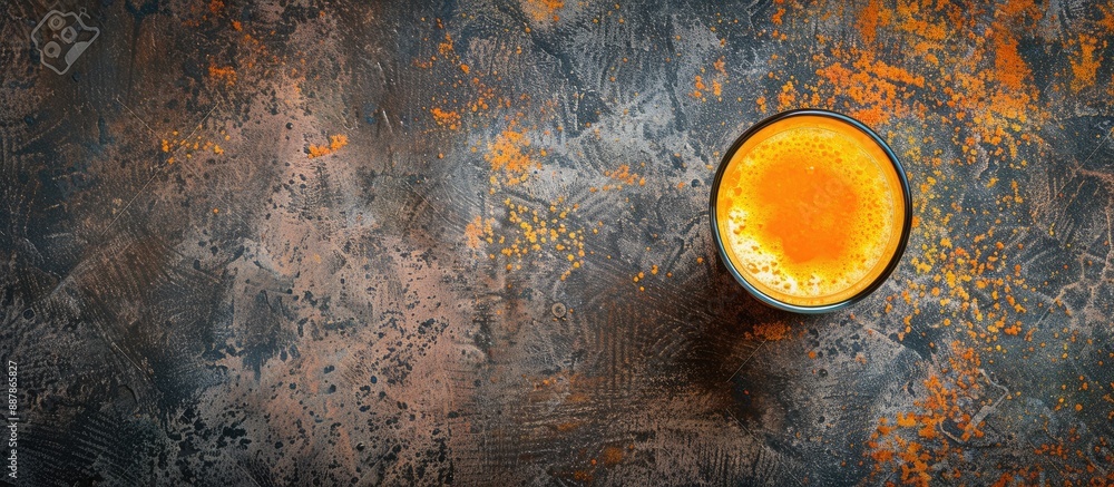 Fototapete top down view of a glass of orange juice on an aged stone backdrop with copy space image emphasizing