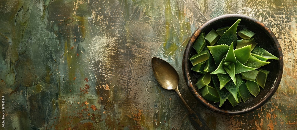 Poster a bowl and spoon displaying cut aloe leaves against a textured grunge backdrop leaving space for add