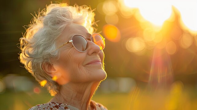 Thoughtful senior woman looking up at the sky with a hopeful expression on her face.